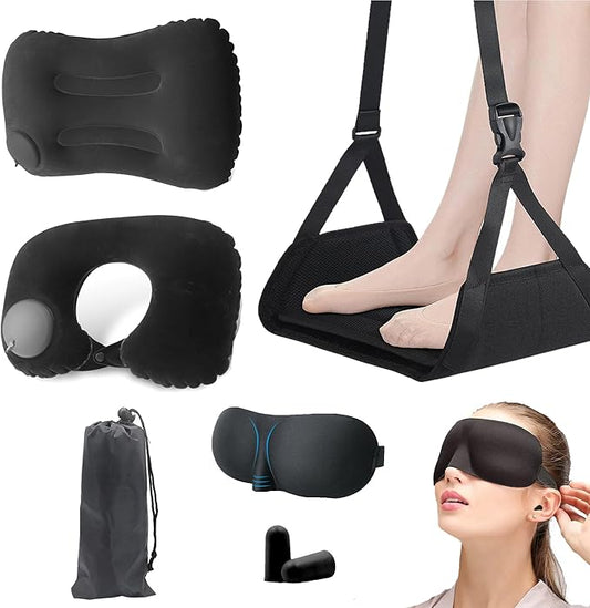 Portable Travel Sleep Comfort Set for Plane 2 Inflatable Travel Pillows,Foot Rest Hammock,Eye Mask Ear Plugs for Airplane Flight Essentials for Seat Airplane Gadgets forSleep Comfort Kit