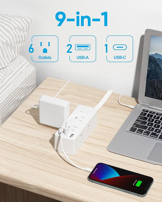 Flat Extension Cord 15ft, Olcorife Flat Plug Power Strip with 6 Outlets 3 USB Ports(1 USB C), 3-Side Outlet Extender Surge Protector for Home Office Dorm Room Essentials, White