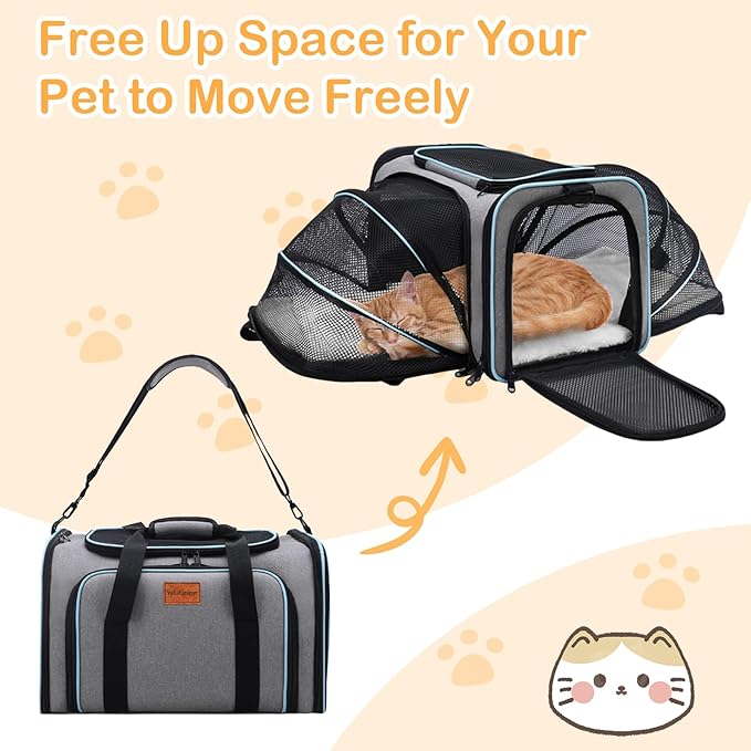 Expandable Pet Carrier,Airline Approved Soft-Sided Cat Dog Travel Bag with Hard Shell Base, Blue Trim, Removable Fleece Pad for Small Pets (Gray)