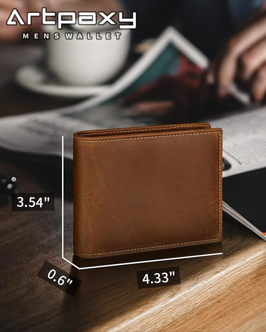 Artpaxy Mens Wallet Bifold Genuine Leather RFID Blocking Wallet for Men with 2 ID Windows 11 Card Holders 2 cash pockets 1 Gift Box
