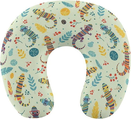 Cute Travel Neck Pillow Cartoon Lizard Memory Foam U Shaped Cushion, Washable Cover for Boys Girls Airplane Car School Nap