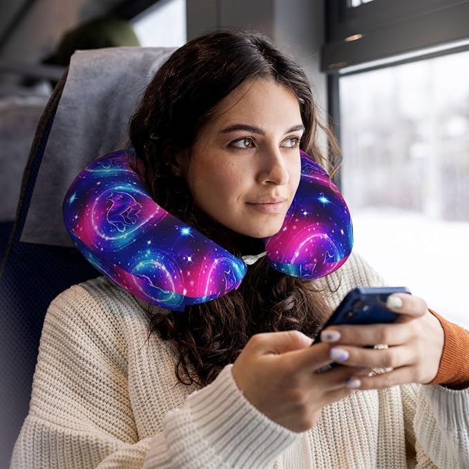 Travel Neck Pillows for Sleeping Rest Car Airplanes Purple Blue Galaxy Cool Wolf Art, Memory Foam with Removable Breathable Zipper Cover Washable for Men Women