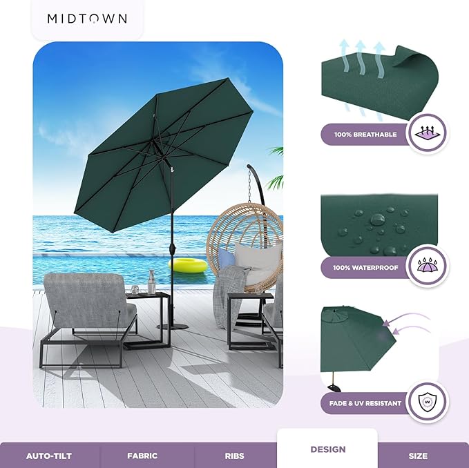 Midtown Umbrellas 10-Year-No-Fade - 6 Ft - UV Proof Forest Green Fabric - Umbrella Outdoor Patio, Auto-Tilt Aluminum Frame Large Patio Umbrella for Garden, Pool & Deck - Black Pole