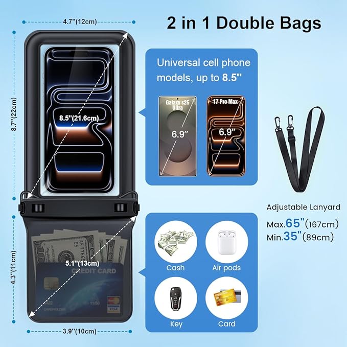 [Up to 8.5''] Waterproof Phone Pouch Floating, Double Bags Waterproof Phone Case with Lanyard for iPhone 16 15 Pro Max, Galaxy S25 S24 Ultra, IPX8 Cellphone Dry Bag Beach Cruise Ship Essentials 2 Pack