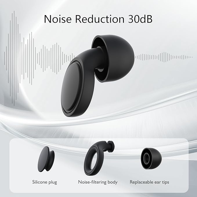 2 Pairs Ear Plugs for Sleeping, Soft Full Silicone Ear Plugs for Noise Reduction 25dB, Reusable Hearing Protection Earplugs for Concert, Focus, Noise Sensitivity, 8 Ear Tips in S/M/L - Black