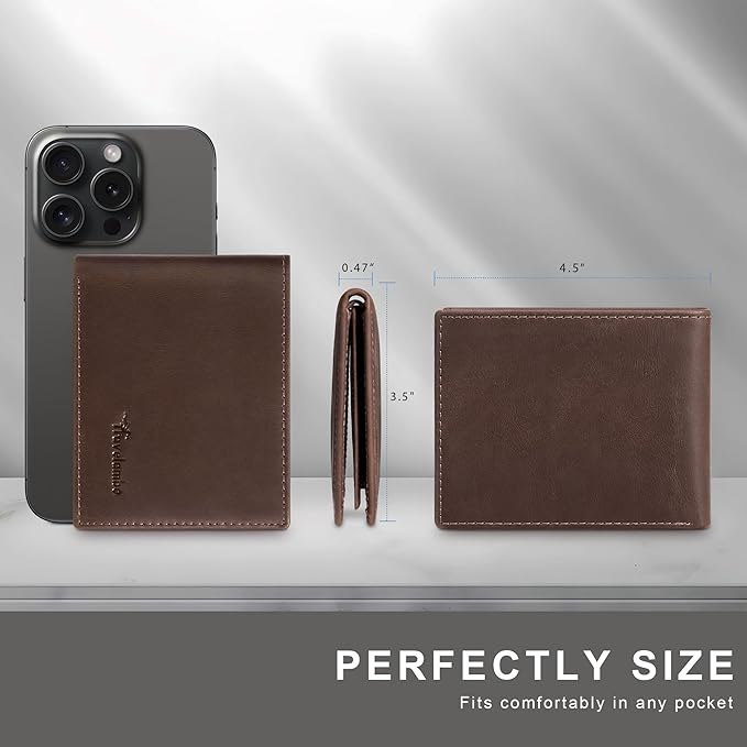 Travelambo Genuine Leather Wallet for Men with Gift Box - Handmade Bifold Stylish - Mens Wallets Rfid Blocking with 2 ID Windows