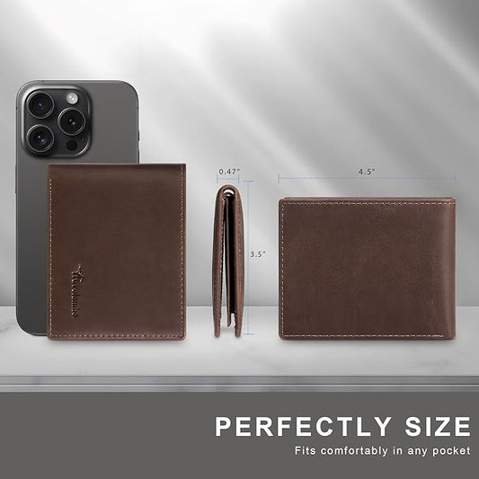 Travelambo Genuine Leather Wallet for Men with Gift Box - Handmade Bifold Stylish - Mens Wallets Rfid Blocking with 2 ID Windows