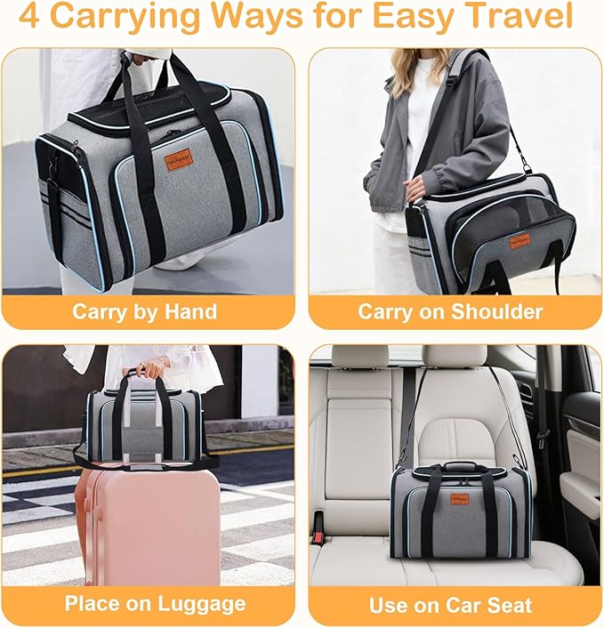Expandable Pet Carrier,Airline Approved Soft-Sided Cat Dog Travel Bag with Hard Shell Base, Blue Trim, Removable Fleece Pad for Small Pets (Gray)