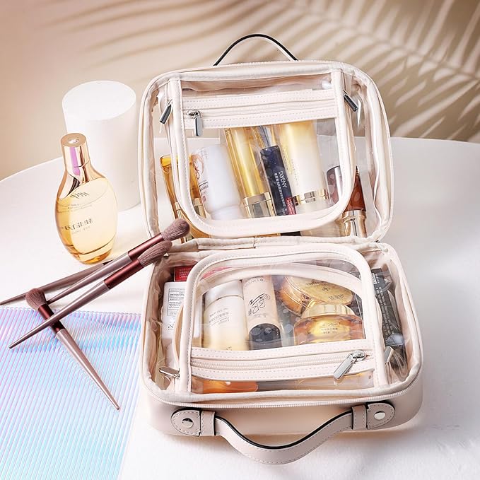 SANHECUN traveling toiletry Case large clear cosmetics case makeup bag Dimensions | LxWxH:10” x 4.5” x 7.5”(Beige, Medium)
