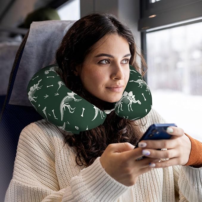 Travel Pillow Chin Neck Support, Comfortable Airplane Car Pillows for Rest, Memory Foam U Shaped Office Home Nap Sleeping Cushion Grunge Dinosaur Skeleton