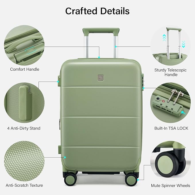Hanke Expandable Carry On Luggage 22x14x9 Airline Approved, 20 Inch Hardside Luggage with Spinner Wheels, All-PC Hard Shell Carry-On Suitcase, Lightweight & TSA Approved (Bamboo Green, 46L)