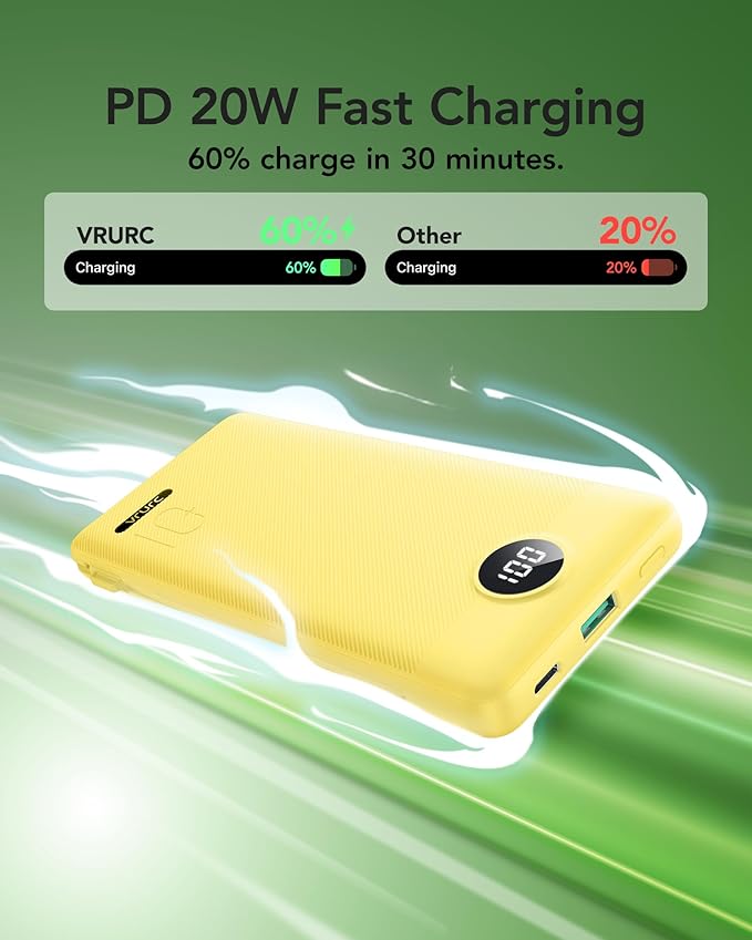VRURC Portable Charger with Wall Plug, 10000mAh PD 20W Fast Charging Slim Portable Charger Built in Cables Power Bank with Cords,USB C Portable Phone Charger Travel Accessories -Yellow(1 Pack)