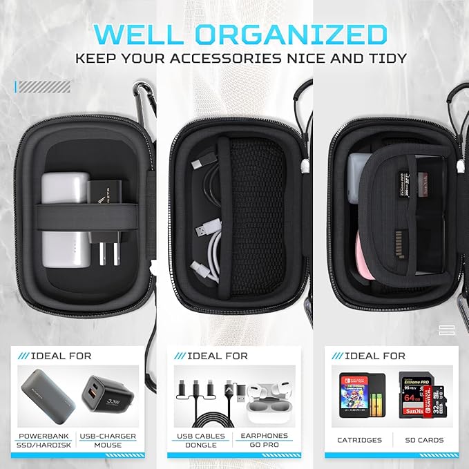 Futurizta Tech® Mini Hard Shell EVA Carrying Case Impact & Water Resistant with Carabiner, SD Card Slot 9cm x 13cm for Mini Powerbank, Charger, Cable, SSD and Earphones