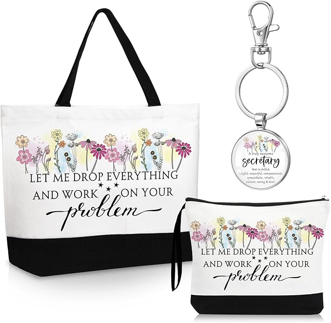 Kacctyen 3 Pcs Secretary Gifts Fine Canvas Tote Bag Administrative Assistant Makeup Cosmetic Bag Appreciation Keychains Gifts for Women Secretary Birthday