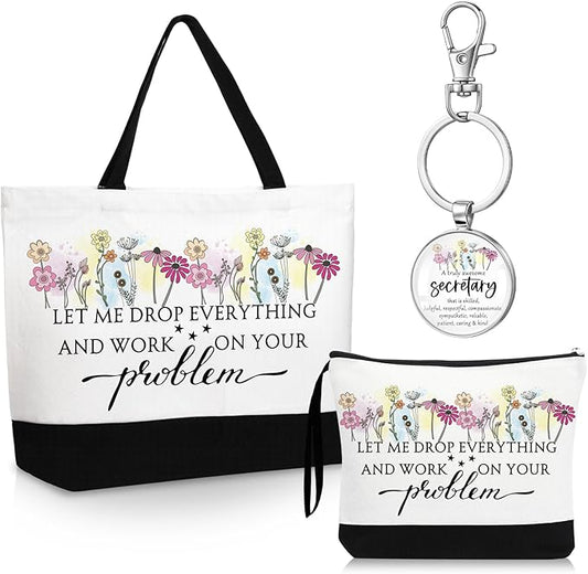 Kacctyen 3 Pcs Secretary Gifts Fine Canvas Tote Bag Administrative Assistant Makeup Cosmetic Bag Appreciation Keychains Gifts for Women Secretary Birthday
