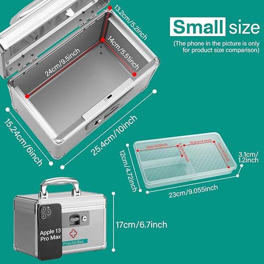 Metal Medicine Storage Box with Key, 10 x 6 x 6.7” First Aid Box Lock For Medication, Smell Proof Box Empty Organizer for Home, Dorm, Office