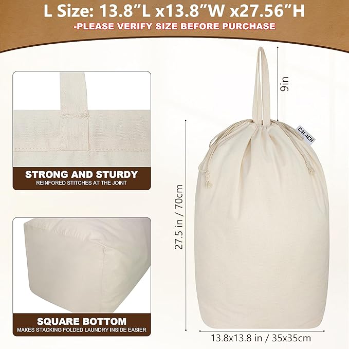 Canvas Laundry Bags with Handles & Square Base 13.8"x 13.8", Large Heavy Duty Laundry Hamper Bag, College Dorm Washable Drawstring Cotton Dirty Clothes Sack (Beige,1 Pack)