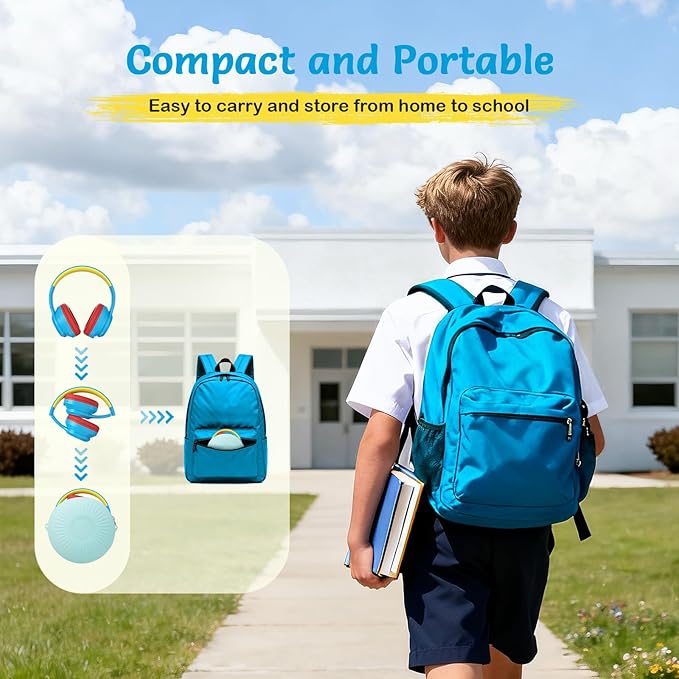 Kids Bluetooth Headphones with Active Noise Cancelling, Wireless Over-Ear Headphones for Boys Girls, Foldable, Adjustable,for School Trave (Blue red)