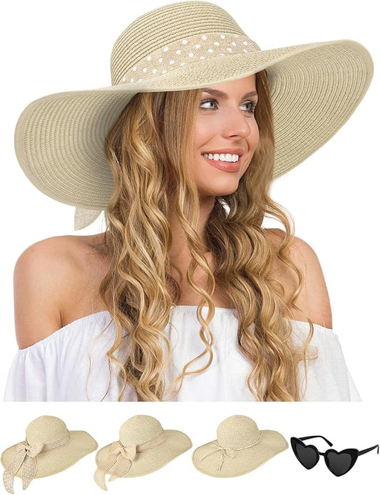 Senker Fashion Sun Hats for Women, Wide Brim Floppy Beach Straw Hat for Summer Travel Vacation Foldable with Sunglasses
