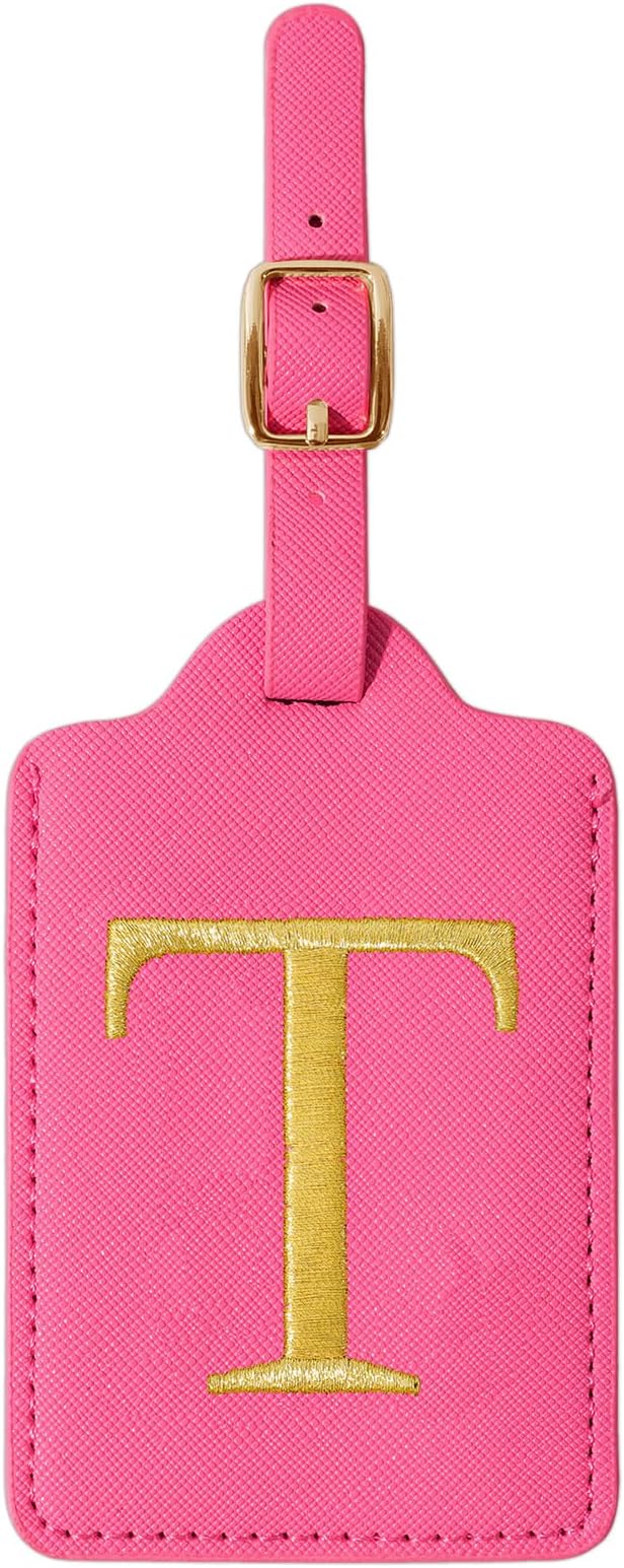 Personalized Initial Luggage Tags for Suitcase, Rose Red Leather Cute Luggage Tags with Privacy Cover Name Card, Embroidered Custom Monogram Tags Travel Backpack Tag Gifts for Women Kids(T)