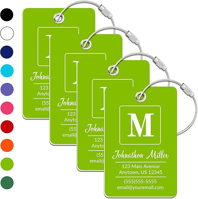 Personalized Luggage Tag | 4 Pack | Custom Luggage Tags for Suitcases | Kids Backpack Tag | 10 Color Options & Choose Font, Font Color
