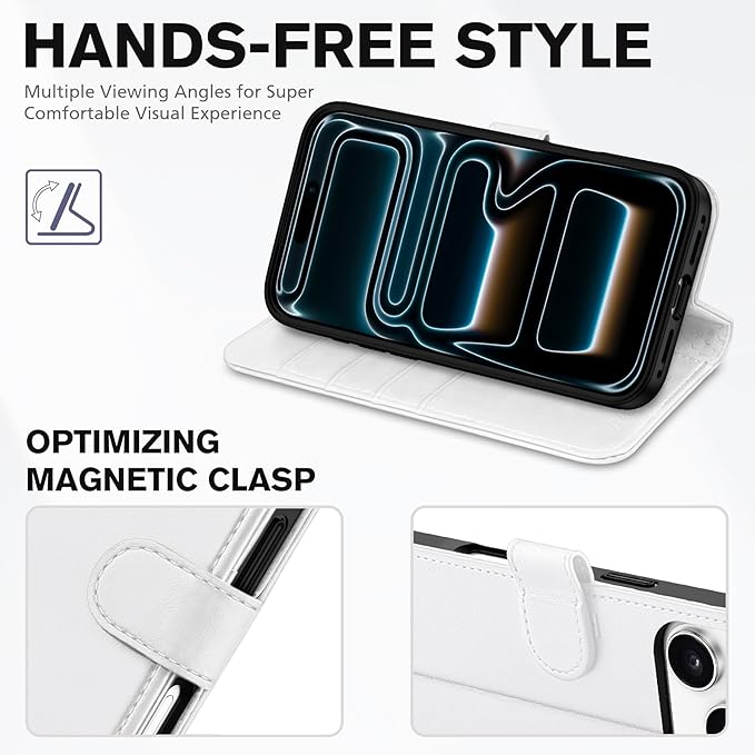 TUCCH Wallet Case for iPhone 17 Pro (6.3") 2025, RFID Blocking 4 Card Holders | Kickstand | Shockproof TPU Shell | PU Leather | Magnetic Closure | Protective Flip Folio Cover | White