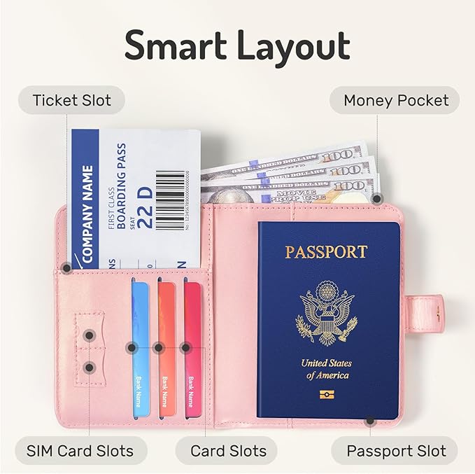 Forvencer Passport Holder with Money Pocket, RFID Blocking Passport Wallet Cover for Travel, Premium Card Case, Waterproof Travel Accessories for Women Men, Hot Pink