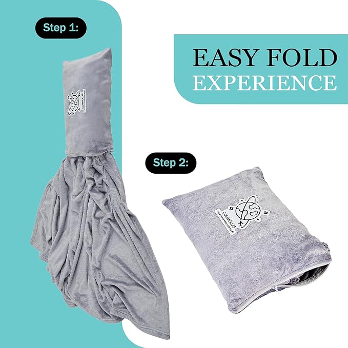 Commollis 2-in-1 Travel Blanket & Pillow for Airplane, Car, Train - Warm Compact Flight Blanket with Luggage Strap & Backpack Clip, Machine Washable, All-Season Use