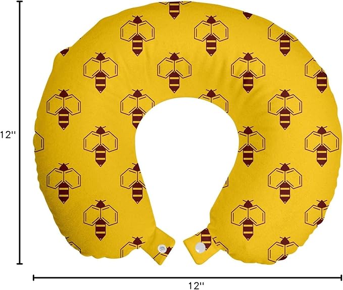 Ambesonne Queen Bee Travel Pillow Neck Rest, Geometric Honey Lover with Wings Nature Theme Bumblebee Design, Memory Foam Traveling Accessory for Airplane and Car, 12", Earth Yellow Seal Brown
