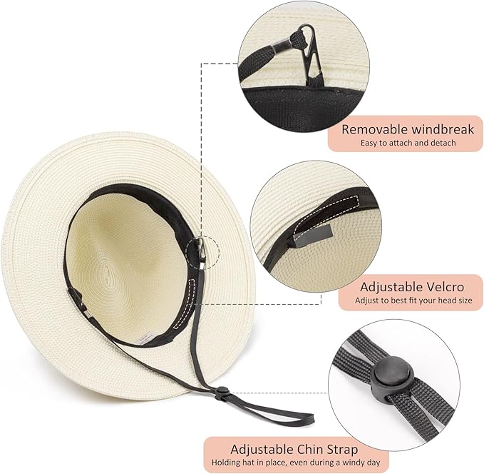 DRESHOW Women Straw Panama Hat Travel Fedora Beach Sun Hat Summer Wide Brim Straw Roll up Hat UPF 50+