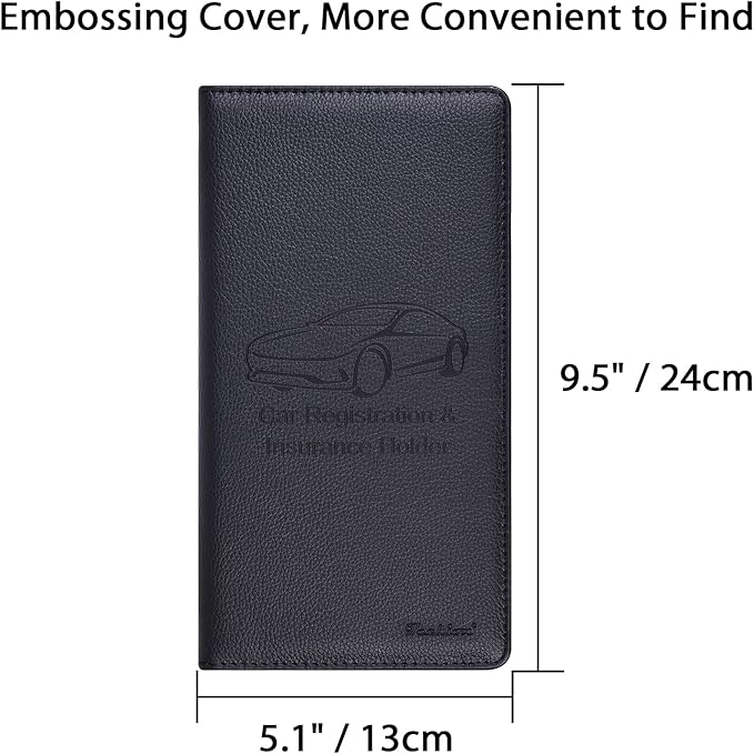 Car Insurance and Registration Holder, 9.5 x 5 Inch PU Leather Vehicle Glove Box Organizer Wallet Case for Insurance Card, Driver License, Paperwork - Black