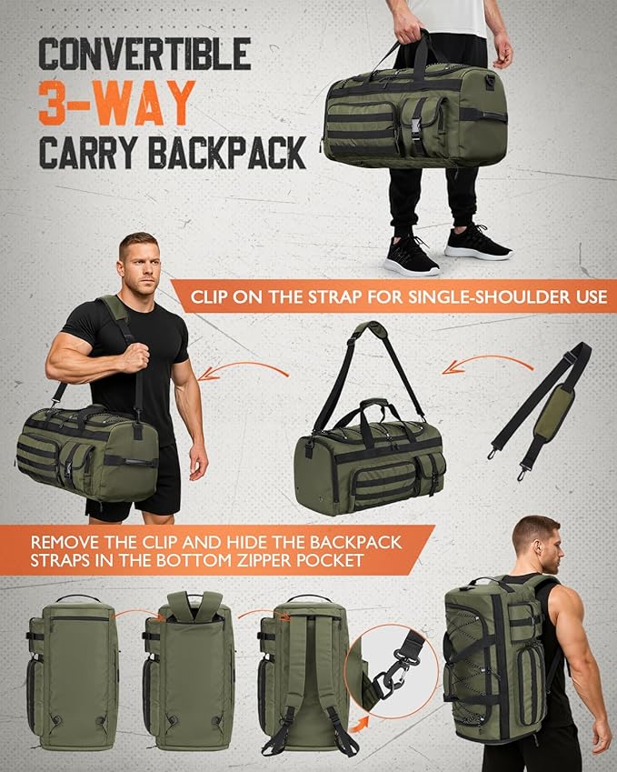 Gonex 45L Duffel Bag for Men, 3 in 1 Convertible Carry Gym Duffle with Shoe Compartment, Tactical Gear Loops, Water-Repellent Lining, Workout & Travel Bag (Army Green)