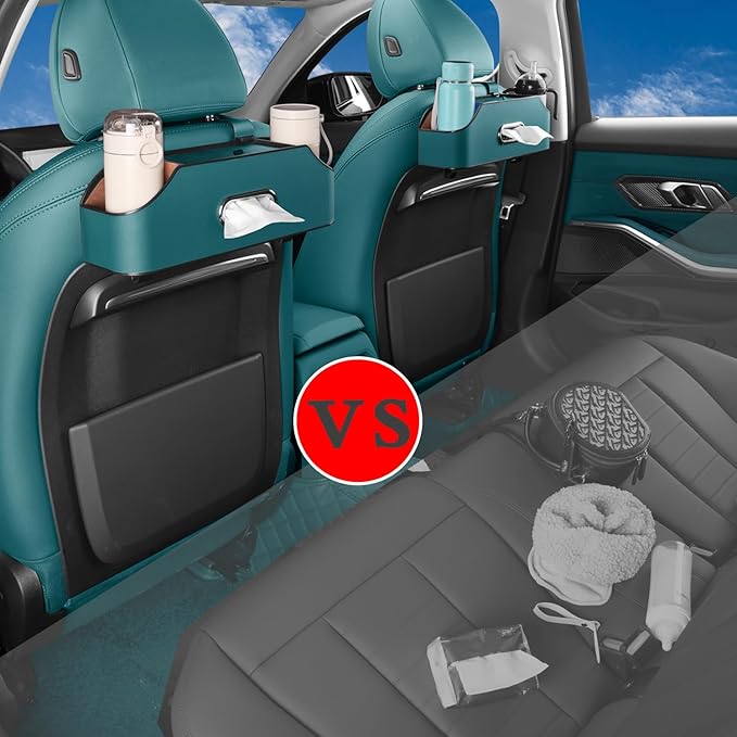 HOLDCY Car Back Seat Organizer with 2 Drink Cup Holder - Tissue Box and Storage Box Hook - Multi-functional Storage - Great for Kids and Travel (Blue)