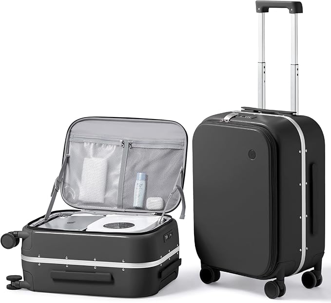 mixi 20 Inch Carry On Luggage 22x14x9 Airline Approved PC Hard Shell Suitcase Top Opening Aluminum Frame Travel Suitcases with Wheels, Blcak