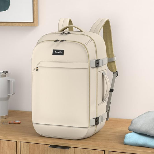 Asenlin 40L Travel Backpack for Women Men，17 Inch Laptop Backpack Flight Approved Luggage Carry On Water Resistant for Weekender Overnight Large Daypack Beige