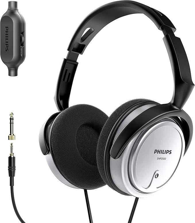 PHILIPS Over Ear Wired Stereo Headphones for Podcasts, Studio Monitoring and Recording Headset for Computer, Keyboard and Guitar with 6.3 mm (1/4") Add On Adapter- Silver