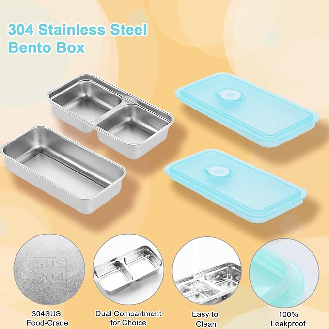 Grab and Go Snack Containers Stainless Steel, Reusable Snack Condiment Containers with Lids, Double &Single Compartment Food Lunch Meal Container Prep for Travel, Small Packs Container, 4 PCS
