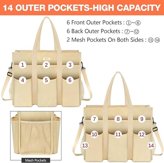 IBFUN Utility Tote Bag with 14/24 Pockets Zip Top Teacher Tote Bag for Teacher/Work Women