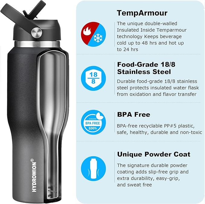 HYDROWION Water Bottle Insulated (Cold 48 hrs, Hot 24 hrs) 40 oz Stainless Steel Water Tumbler with Leak Proof Straw Lid, Spout Lid and Flex Cap,Double Wall Travel Tumbler Cup, Black&Grey