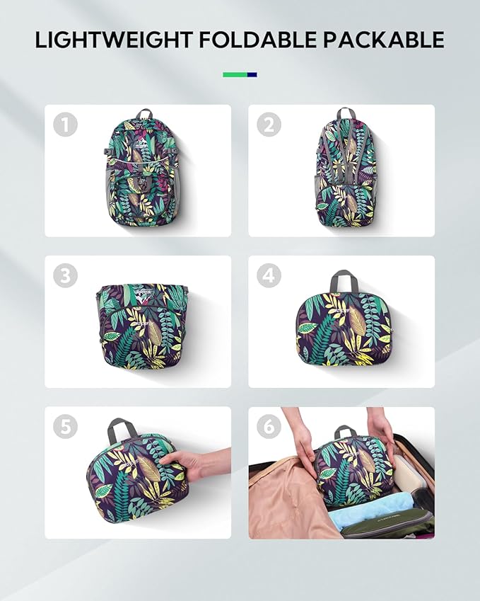 WATERFLY Hiking Packable Daypack Backpack: 25L Ultra Lightweight Day Pack for Woman Man - Small Compact Folding Back Pack for Outdoor Sport Cycling Camping Travel Trip - Print