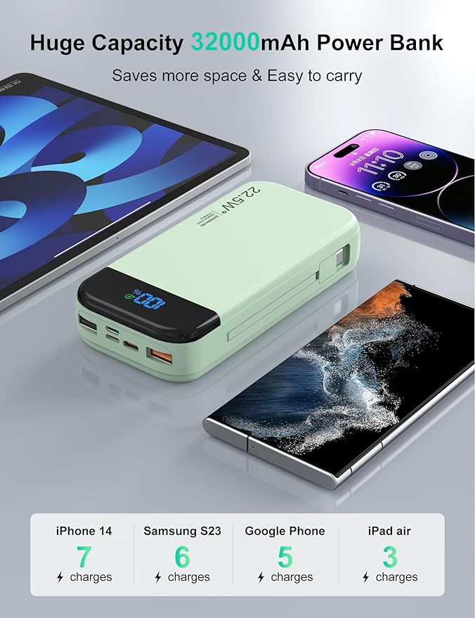 Portable Charger Power Bank 32000mAh with Built in Cables, PD3.0 USB C Fast Phone Charger, 5 Outputs LCD Display Travel Battery Pack Compatible with iPhone, Samsung All Cell Phones (Green)