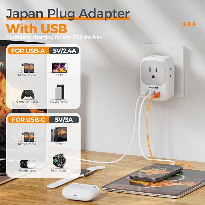 TESSAN 2 Prong to 3 Prong Adapter, Multi Plug Outlet Extender with 4 Outlets 3 USB Ports(1 USB C), Type A Travel for US to Japan, Philippines, Canada, Mexico, China, Thailand, Anguilla