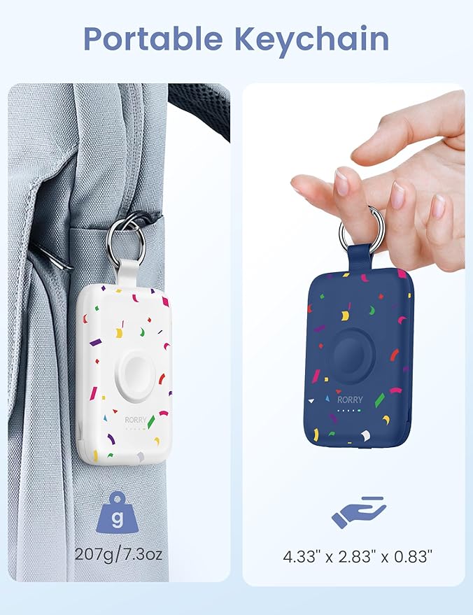 RORRY Portable Charger, 10000mAh PD 20W Fast Charging Portable Charger Power Bank with Built in Cables, Travel Battery Pack for iPhone 17/16/15/14/13/12 and Apple Watch, Confetti-White