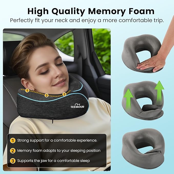 Teemour Upgraded Neck Pillow for Airplane Travel - 360° Support, Memory Foam Travel Pillow with Eye Mask & Earplugs, Portable Carry Bag for Long Flights/Car| Best Airplane Accessories Dark Grey