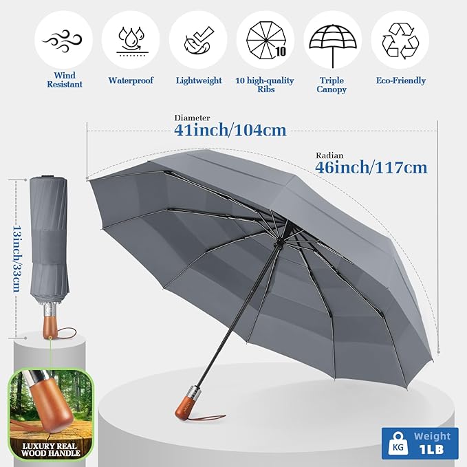 Umbrellas for Rain, 47" Large Windproof Travel Umbrella, Triple-Layer Vented Canopy, 10 Fiberglass Ribs, Auto Open Close Compact Umbrella, Wooden Handle, Heavy Duty for Commute, Gifts for Men & Women