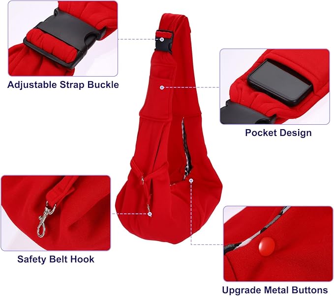 PETAXCELL Dog and Cat Sling Carrier Up to 16.5 Lbs, Hand-Free Reversible Pet Sling Carrier with Adjustable Strap and Pocket, (Red, 1 Pcs) Intended for Hiking/Camping/Traveling