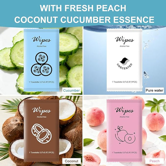 Individual Hand Wipes,Wet Wipes Individually Wrapped Bulk Cleansing Travel Size Wet Wipes for Wedding Travel Restaurant Barbecue(Cucumber, coconut, peach, and unscented,pack of 40)