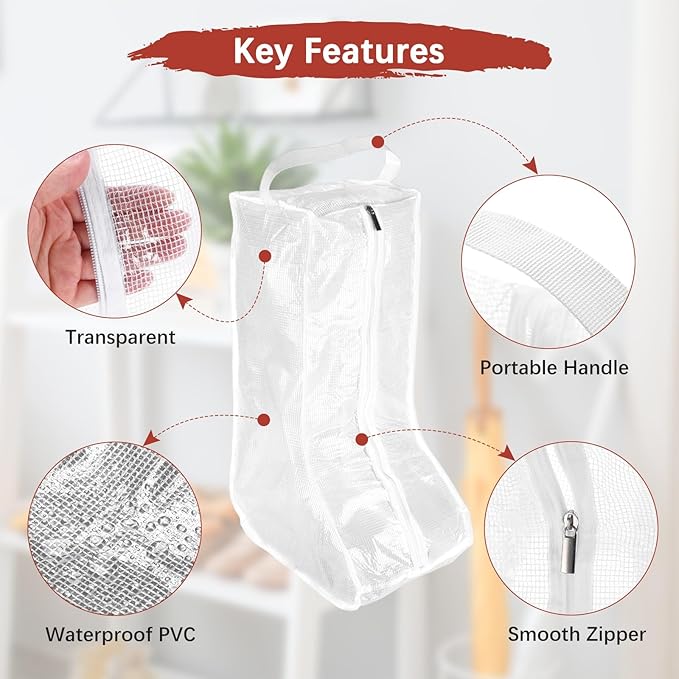 Boot Storage Bags [4PCS] - Plastic Tall Short Boot Carry Bags Clear Shoe Bags with Handle for Travel & Daily Use - [White] Waterproof & DustProof Boot Bags for Cowboy Boots