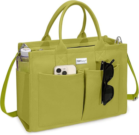 TOPDesign Heavy-Duty Canvas Tote Bag for Women, Adjustable Crossbody/Shoulder Handbag with 9 Pockets, Everything Tote