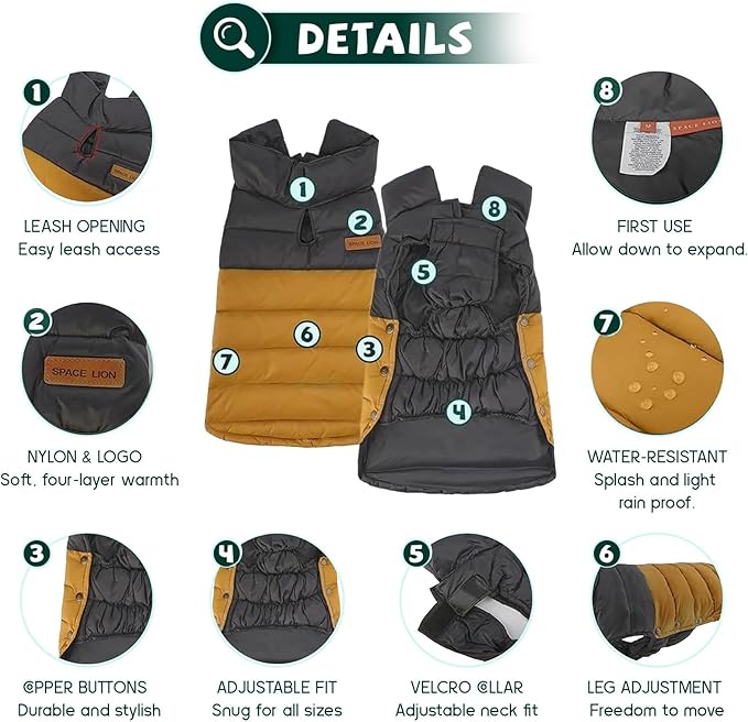SPACE LION Dog Puffer Jacket, Down Winter Coat, Durable Outdoor Coat for Cold and Windy Conditions, Lightweight & Adjustable Fit Coats for Medium & Large Dogs,(BlackKhaki, Size18/L+)
